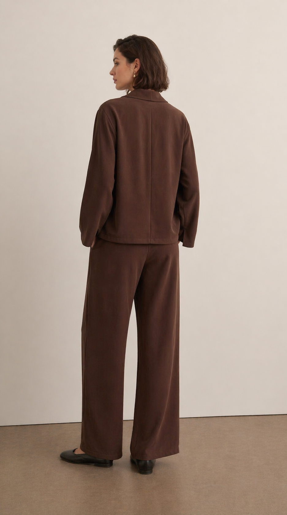 Chocolate Brown Draped Two-Piece Set | Wrap Blazer Top & Wide-Leg Trousers | AtikaStyle
