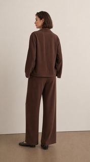 Chocolate Brown Draped Two-Piece Set | Wrap Blazer Top & Wide-Leg Trousers | AtikaStyle