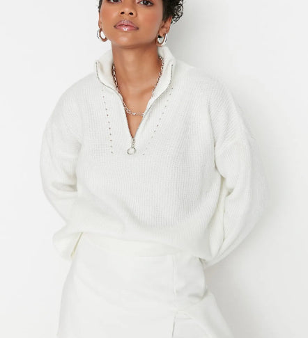 Women's Cozy Beige Quarter-Zip Knit Sweater with Ribbed Details