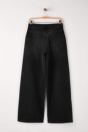 Chic Black Stone Embellished Mid-Rise Wide Leg Denim Jeans