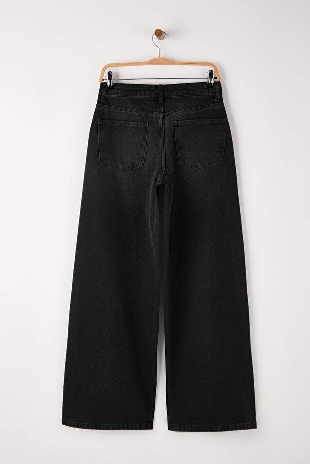 Chic Black Stone Embellished Mid-Rise Wide Leg Denim Jeans