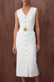 White Midi Dress | Sleeveless Button-Front Belted Dress – AtikaStyle
