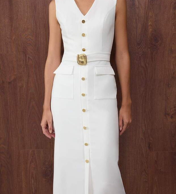 White Midi Dress | Sleeveless Button-Front Belted Dress – AtikaStyle
