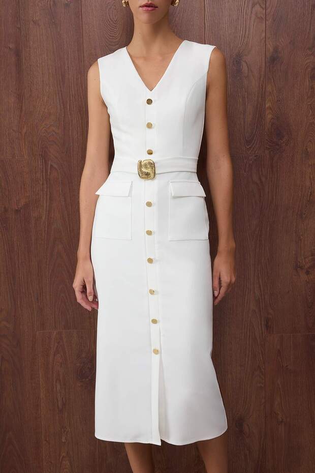 White Midi Dress | Sleeveless Button-Front Belted Dress – AtikaStyle
