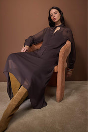 Elegant Dark Brown Chiffon Lined Woven Maxi Dress with Chic Tie Detail