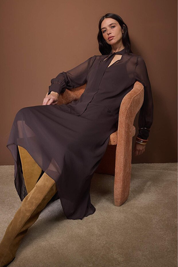 Elegant Dark Brown Chiffon Lined Woven Maxi Dress with Chic Tie Detail
