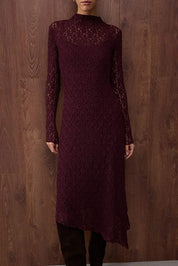 Burgundy Lace Long-Sleeve Midi Dress – AtikaStyle
