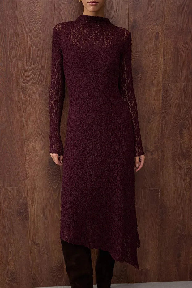 Burgundy Lace Long-Sleeve Midi Dress – AtikaStyle