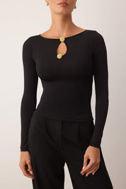 Burgundy Long Sleeve Top with Gold Button Keyhole Detail – AtikaStyle