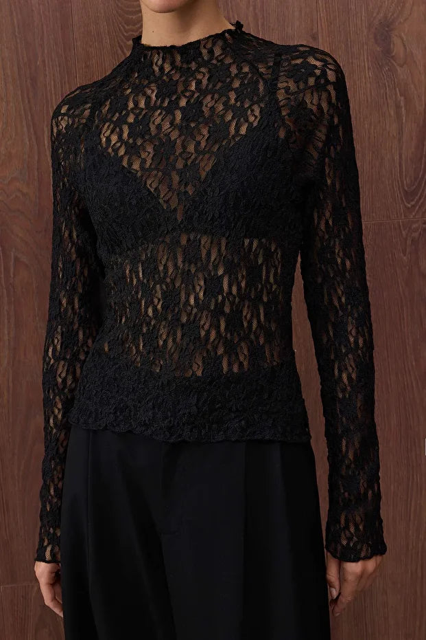 Black Sheer Lace Long-Sleeve Top – AtikaStyle