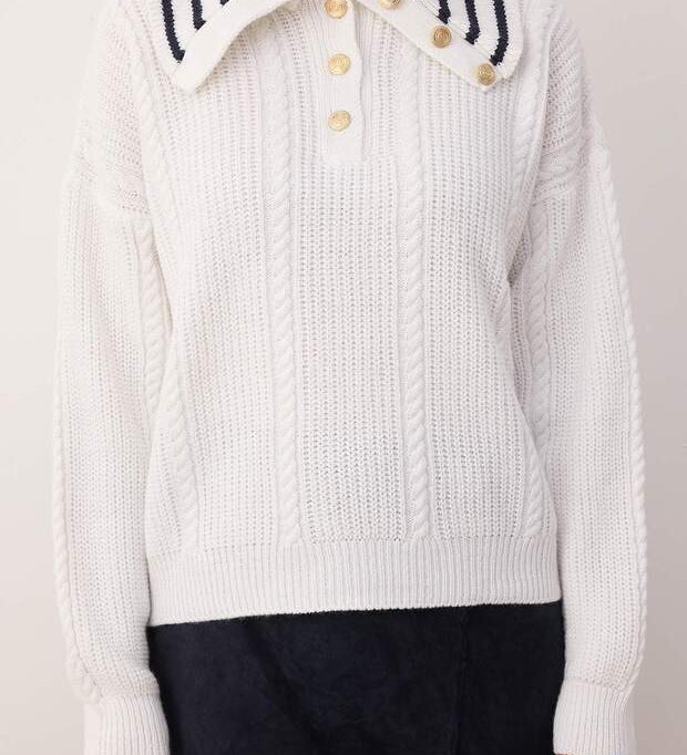 White Cable Knit Sweater with Gold Buttons | Striped Collar Pullover – AtikaStyle
