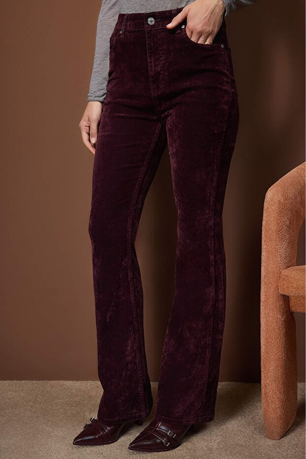  Burgundy Suede-Look High Waist Comfortable Stretchy Flare Jeans