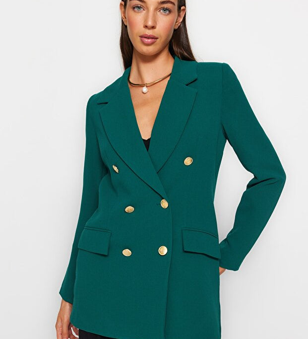 Emerald oversize double‑breasted woven blazer by AtikaStyle — lined, gold buttons, longline