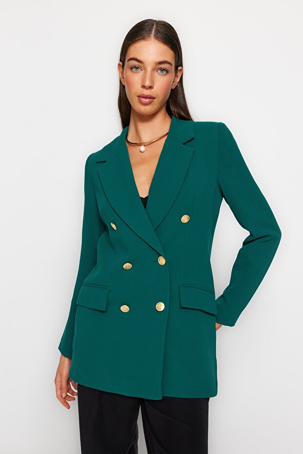 Emerald oversize double‑breasted woven blazer by AtikaStyle — lined, gold buttons, longline