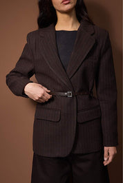 Chic Brown Striped Wool-Look Belted Woven Blazer Jacket for Women