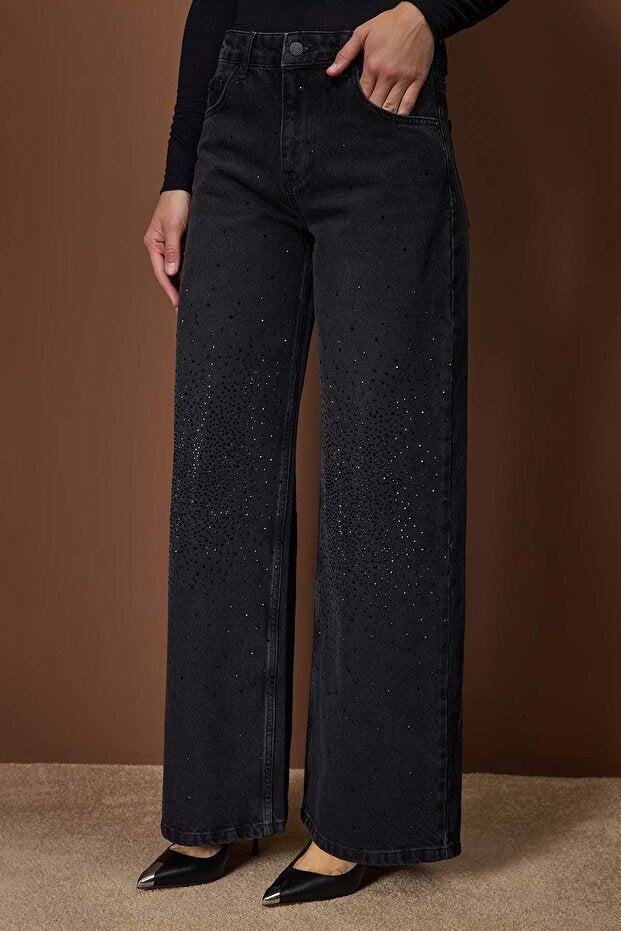 Chic Black Stone Embellished Mid-Rise Wide Leg Denim Jeans