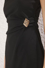 Black Midi Knit Bodycon Dress with Accessory Detail