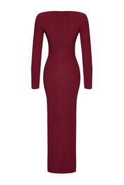 Burgundy Textured Knit Maxi Dress | Boat Neck Bodycon | AtikaStyle