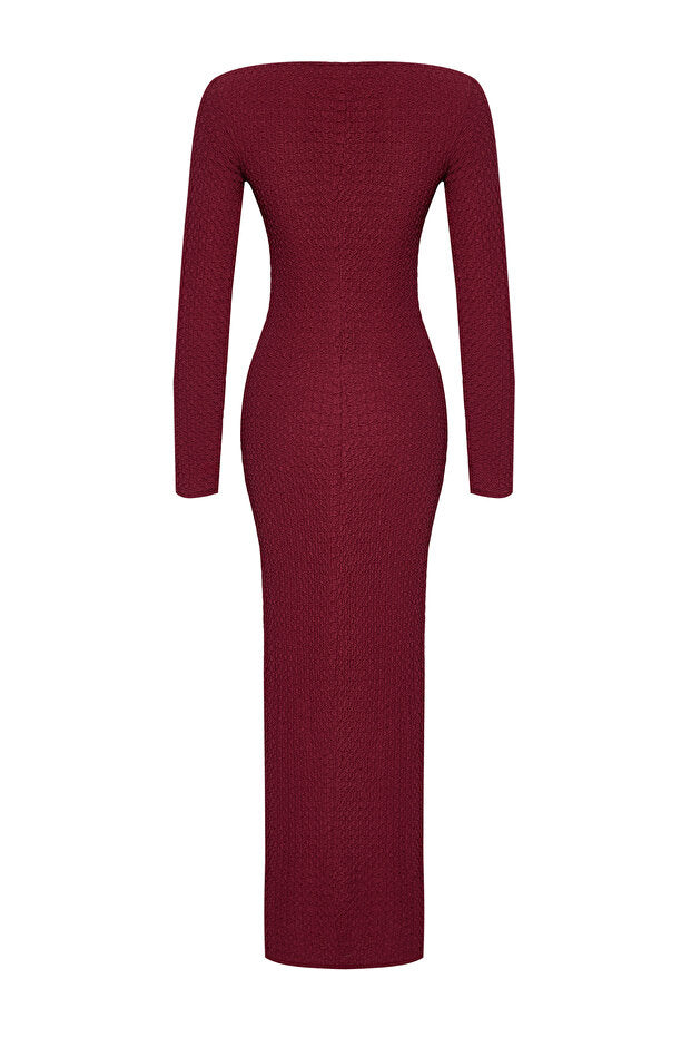 Burgundy Textured Knit Maxi Dress | Boat Neck Bodycon | AtikaStyle