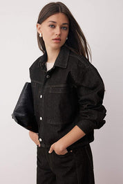 Black Oversize Denim Jacket | Pocket Detail, Regular Length | AtikaStyle