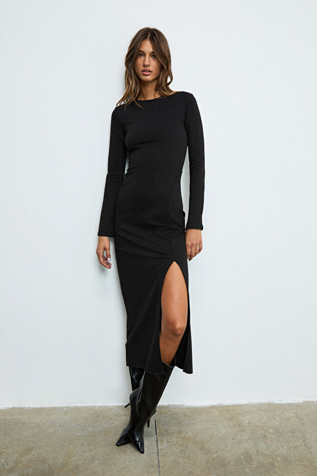 Black Knit Bodycon Maxi Dress | Long Sleeve, Side Slit | AtikaStyle