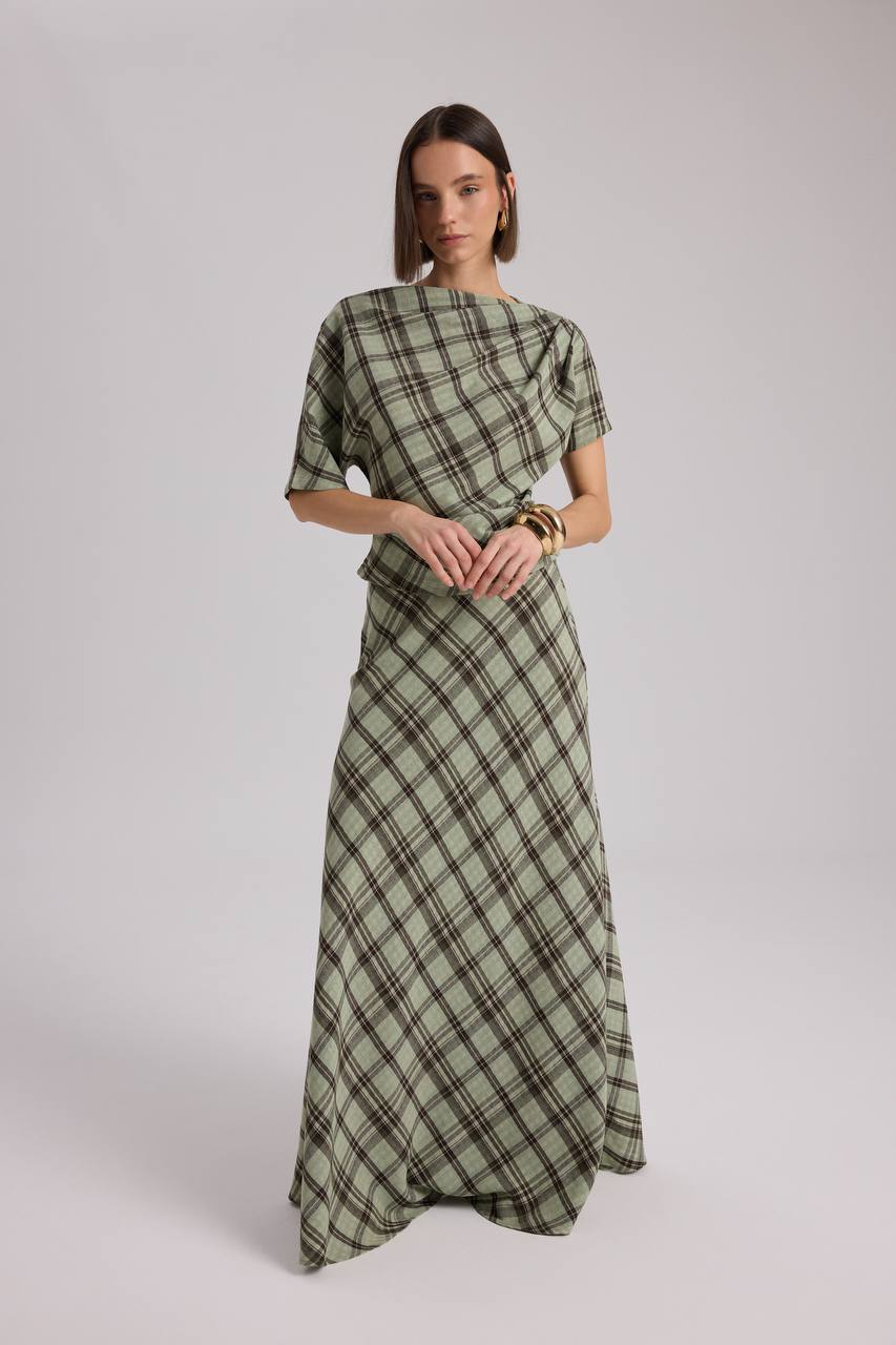 Sage Plaid Two-Piece Set | Draped Top & Maxi Skirt Matching Set | AtikaStyle