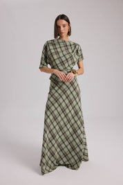 Sage Plaid Two-Piece Set | Draped Top & Maxi Skirt Matching Set | AtikaStyle
