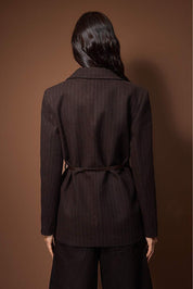 Chic Brown Striped Wool-Look Belted Woven Blazer Jacket for Women