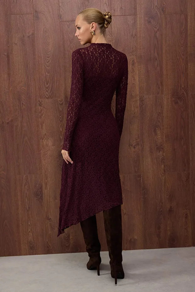 Burgundy Lace Long-Sleeve Midi Dress – AtikaStyle