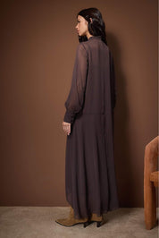 Elegant Dark Brown Chiffon Lined Woven Maxi Dress with Chic Tie Detail