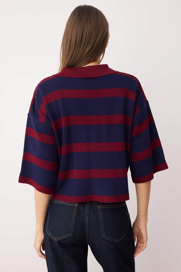 Women’s Black & White Striped Knit Polo Sweater – Casual Chic Long Sleeve Top | Atikastyle