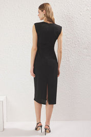 Black Midi Knit Bodycon Dress with Accessory Detail
