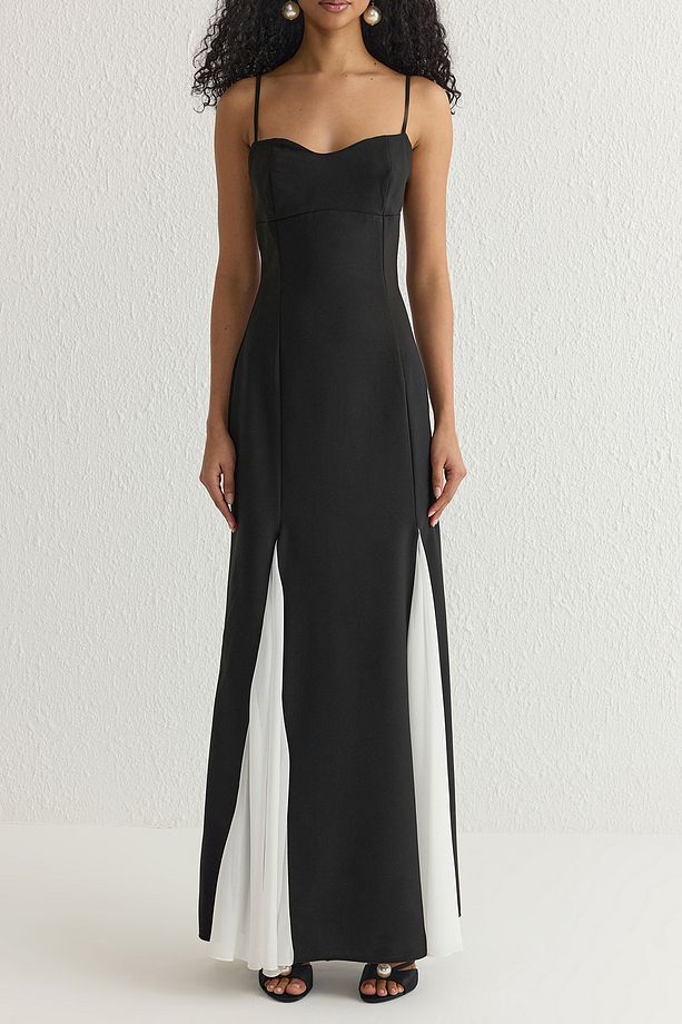 Black & White Contrast Maxi Dress – Elegant Evening Gown by Atikastyle