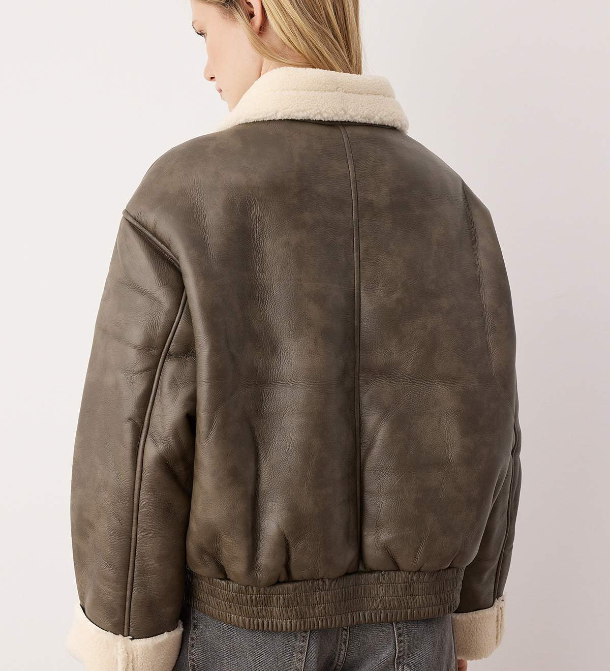 Chic Smoky Gray Faux Leather Bomber Jacket with Cozy Plush Trim