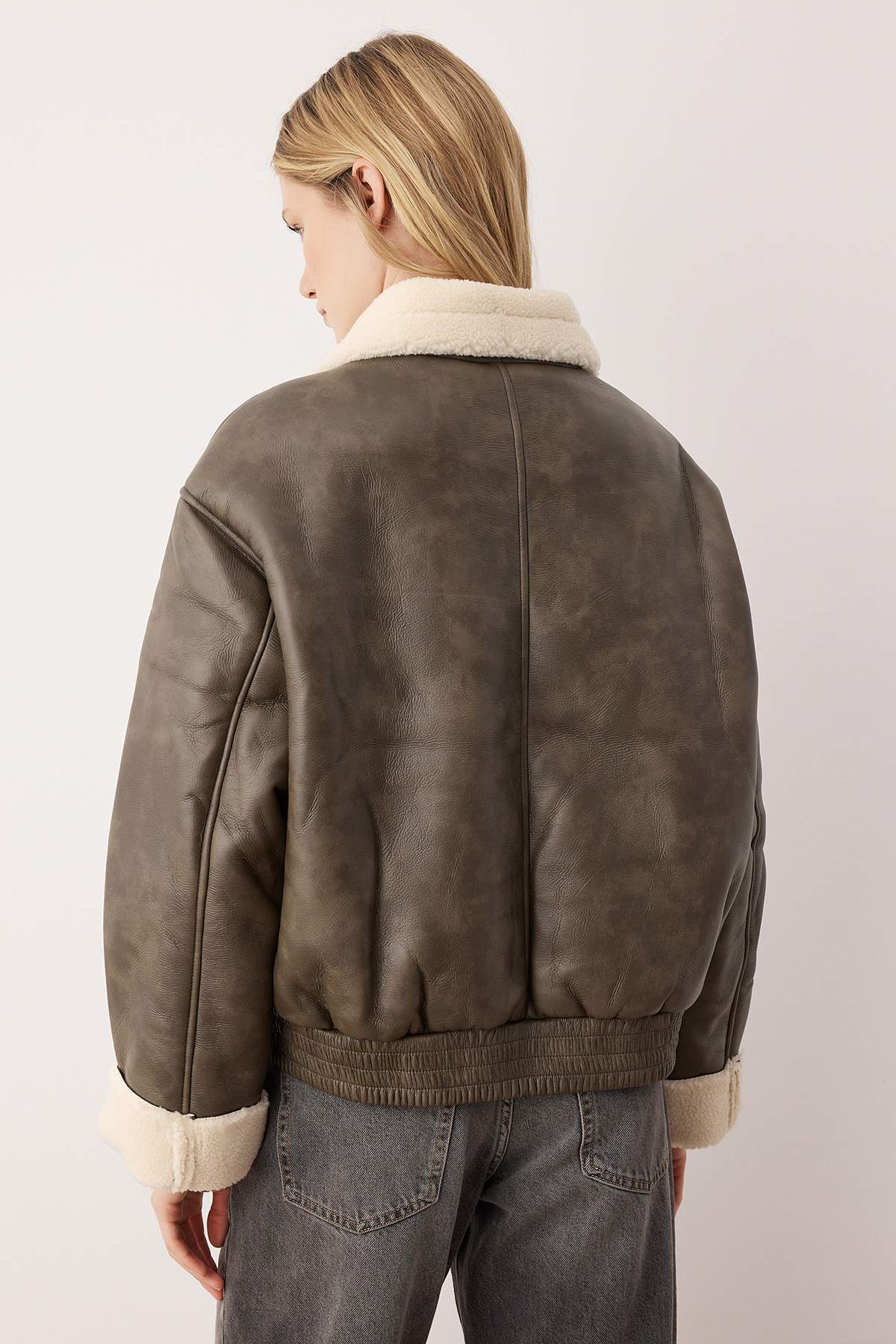 Chic Smoky Gray Faux Leather Bomber Jacket with Cozy Plush Trim