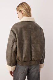 Chic Smoky Gray Faux Leather Bomber Jacket with Cozy Plush Trim