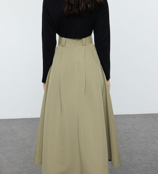 Mink Pleated Maxi Length Woven Skirt