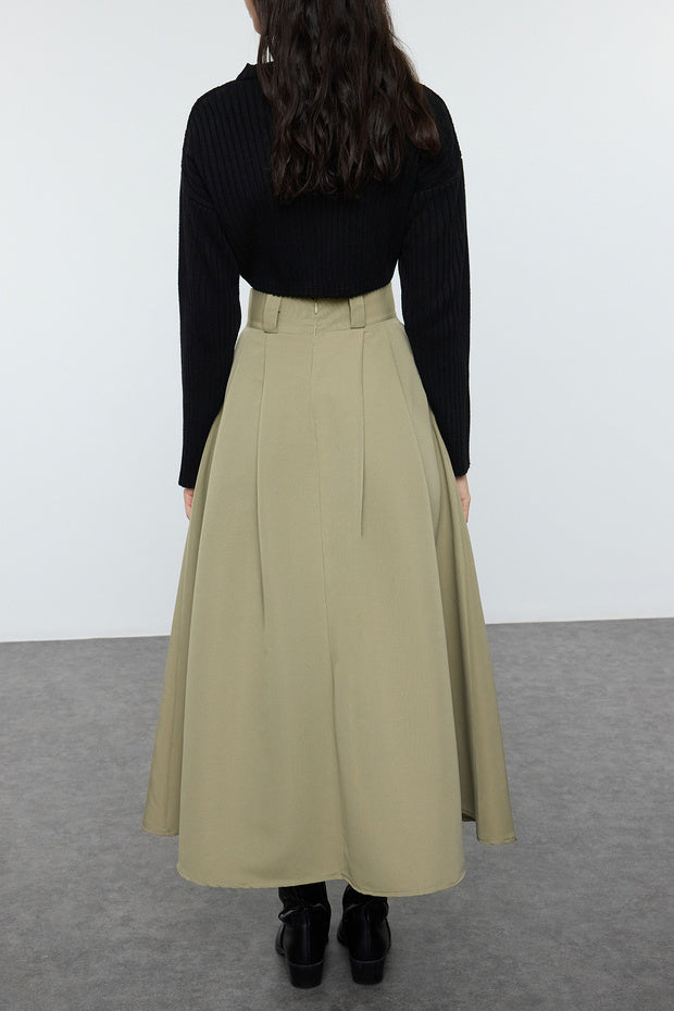 Mink Pleated Maxi Length Woven Skirt