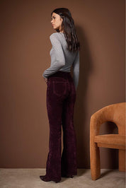 Burgundy Suede-Look High Waist Comfortable Stretchy Flare Jeans