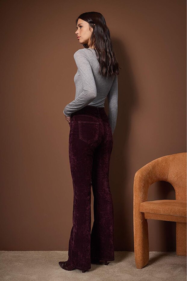 Burgundy Suede-Look High Waist Comfortable Stretchy Flare Jeans