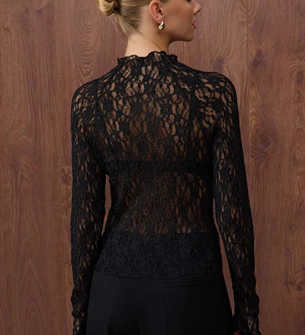 Black Sheer Lace Long-Sleeve Top – AtikaStyle