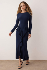 Navy Stretch Knit Maxi Evening Dress | Ruffle Peplum, Boat Neck, Long Sleeve | AtikaStyle