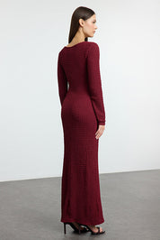 Burgundy Textured Knit Maxi Dress | Boat Neck Bodycon | AtikaStyle