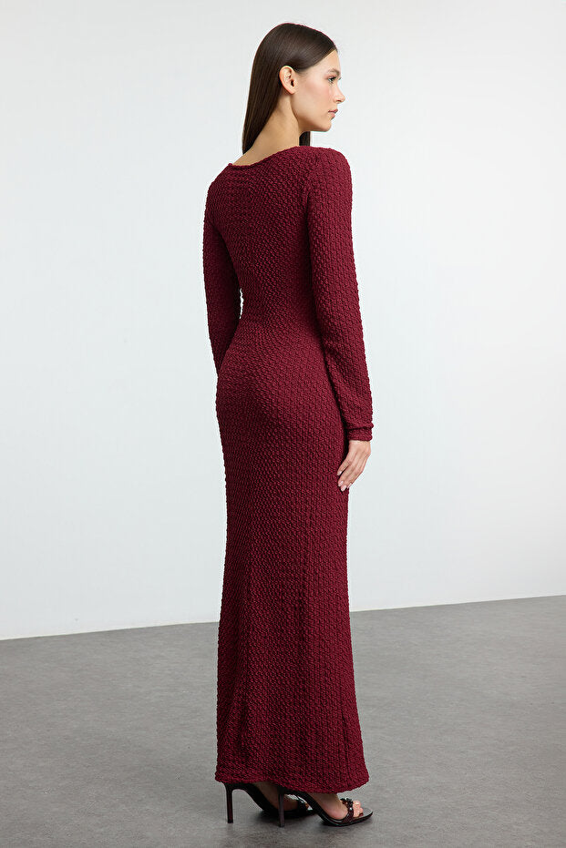 Burgundy Textured Knit Maxi Dress | Boat Neck Bodycon | AtikaStyle