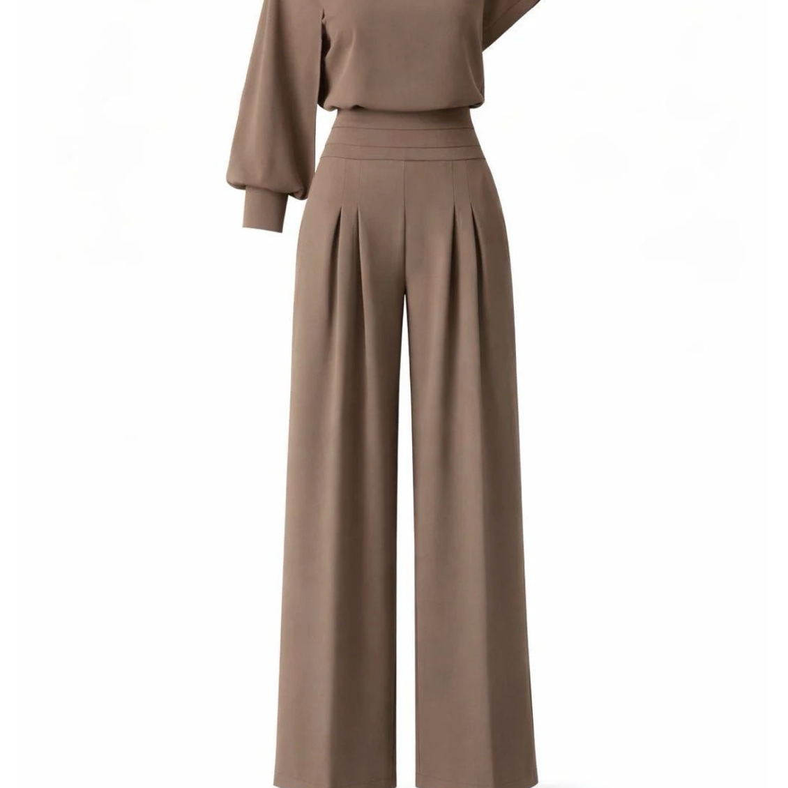 Mocha satin two piece set with asymmetrical draped top and wide-leg pants elegant outfit for women