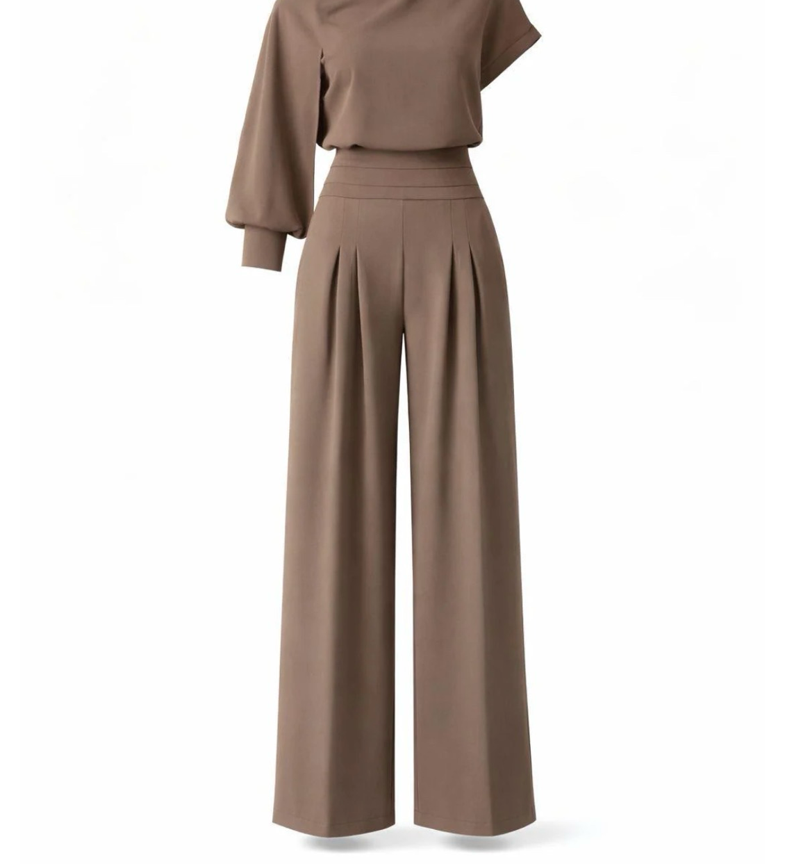 Mocha satin two piece set with asymmetrical draped top and wide-leg pants elegant outfit for women
