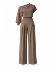 Mocha satin two piece set with asymmetrical draped top and wide-leg pants elegant outfit for women