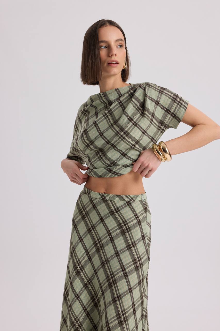 Sage Plaid Two-Piece Set | Draped Top & Maxi Skirt Matching Set | AtikaStyle