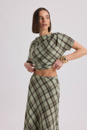Sage Plaid Two-Piece Set | Draped Top & Maxi Skirt Matching Set | AtikaStyle