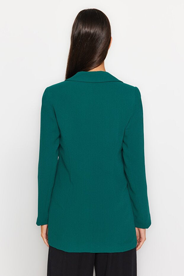 Emerald Oversize Woven Blazer | Lined Double‑Breasted Gold Buttons | AtikaStyle